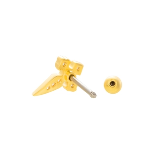 Detail of gold-plated sword stud earrings with small inlaid crystals and screw back