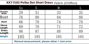 Polka dot chiffon mini dress size chart with detailed shoulder and waist measurements