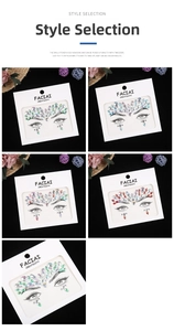 Detail view of five assorted self-adhesive acrylic rhinestone facial stickers for makeup