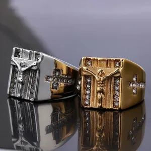 Punk style stainless steel signet ring with Jesus relief and side crystal cross in gold and silver