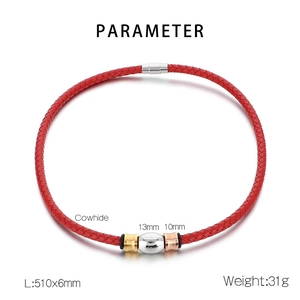 Detailed parameter chart for red braided cowhide necklace with metallic beads and magnetic clasp