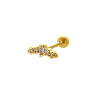 Macro detail of crown shaped gold cartilage stud with sparkling zircon and screw back