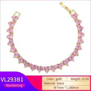Brass gold plated bracelet featuring micro-paved pink heart-shaped zircons and stones