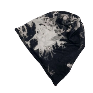 Unisex black and white tie-dye beanie hat with marble pattern and soft knit texture