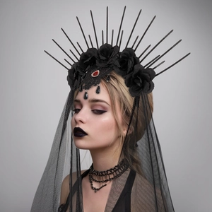 Gothic Black Rose Crown with Lace Veil and Red Drop Gems for Halloween Cosplay Costume