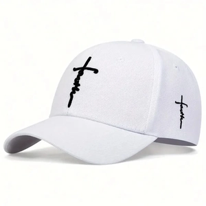 Classic white baseball cap with black faith cross embroidery on high-quality cotton