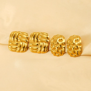 18k gold plated stainless steel square and oval earrings with embossed weave texture