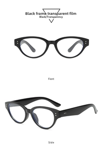 Detailed front and side views of black cat-eye glasses with transparent lenses and studs
