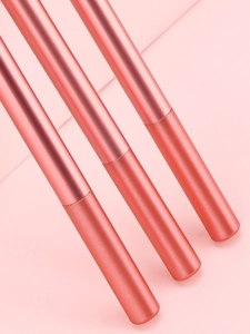 Vue détaillée de trois pinceaux de maquillage roses avec finition métallique sur papier