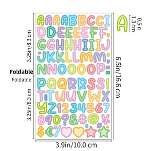 Detailed size guide of colorful cartoon alphabet stickers with foldable design measurements