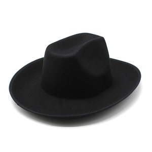 Top-down view of black wool felt fedora hat featuring classic 8cm brim and creased crown