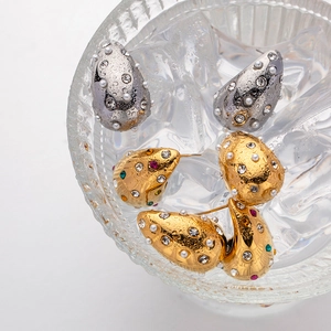 Chubby water drop earrings in 18K gold and silver with colorful zircons on ice bowl