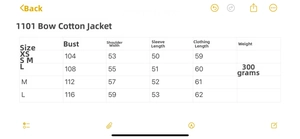 Detailed size chart for bow knot padded coat showing chest, shoulder, and length measurements