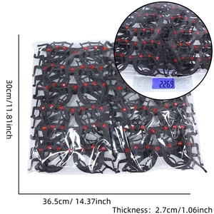Bulk pack of Halloween black spider web glasses with red rhinestones and measurements