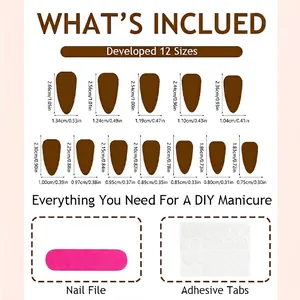 Size chart for cherry wine red bow press-on nails with 12 sizes and DIY manicure tools