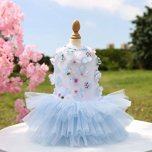 Elegant light blue pet princess dress with 3D pink flowers and layered mesh tutu skirt
