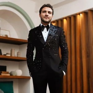 Men's plus size black double-breasted suit with premium bead embroidery and sequins