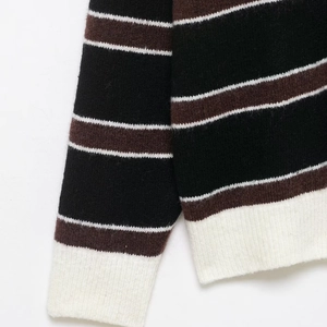 Retro striped knit polo sweater with black brown and white pattern in loose fit style