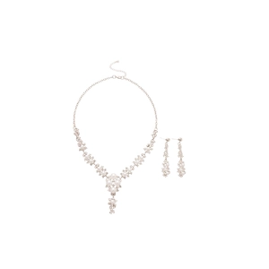 Elegant silver flower jewelry set with sparkling rhinestones and pearls on white base