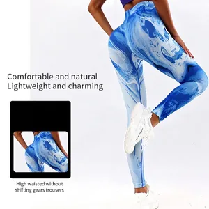 Legging de yoga taille haute avec imprimé 3D marbre bleu et tissu évacuant l'humidité