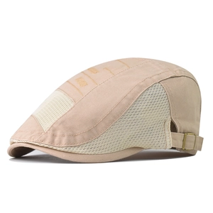 Beige breathable mesh beret hat with adjustable metal buckle and cotton top