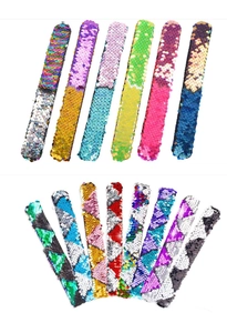 Detailed close-up of reversible sequin mermaid slap bracelets in various vibrant colors