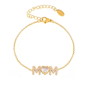18K gold plated stainless steel MOM bracelet with heart-shaped cubic zirconia pendant