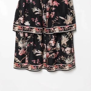 Floral print linen blend tiered maxi dress with vintage pink and beige flowers on black