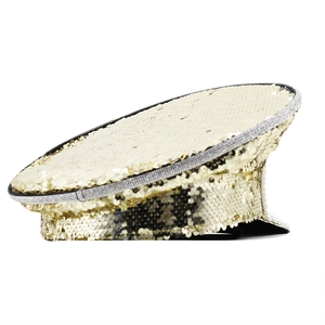 Sparkling champagne gold sequined military captain hat with rhinestones for parties