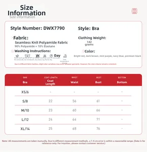 Detailed size chart for seamless yoga sports bra showing measurements and fabric composition