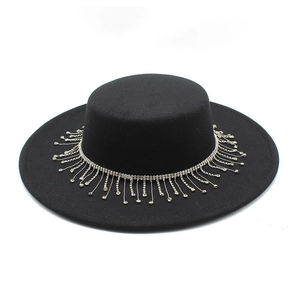 British style black felt fedora with 9.5cm flat brim and sparkling rhinestone fringe