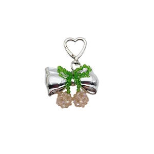 Handmade crystal cherry bow keychain with pink beads and a silver heart-shaped clasp