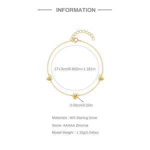 Detailed size info for the 925 sterling silver gold heart bracelet with AAAAA zircon