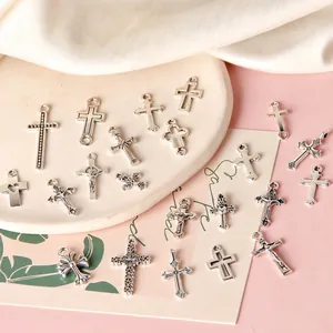Assorted vintage silver-finished alloy cross charms for DIY jewelry making and earrings
