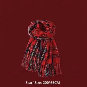 Écharpe à carreaux rouges classique avec franges, écharpe d'hiver chaude, 200x65cm