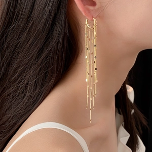 Close-up of golden metal sequin chain tassel earrings worn by a female model