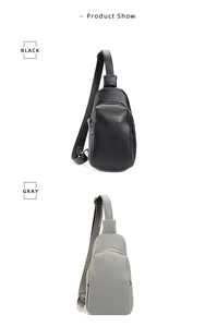 Detailed product show of stylish sling bags in classic black and gray textured faux leather