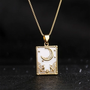 Vintage 18K gold plated necklace with celestial moon and star oil painting pendant
