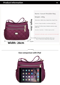 Large purple oxford shoulder bag dimensions showing size 26x20x11cm with iPad comparison