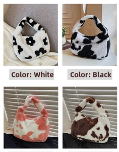 Collage of plush cow print shoulder bags in white, black, pink and brown fuzzy textures