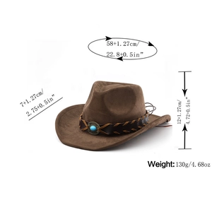 Macro shot of brown suede cowboy hat with braided leather band and turquoise stone detail