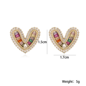 18K gold plated heart earrings with colorful zircons, measuring 1.5cm by 1.7cm