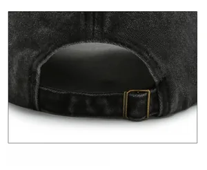 Detail of adjustable brass buckle and washed denim texture on the back of baseball cap