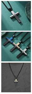 Detailed views of men's stainless steel cross necklaces in blue, gold and silver finishes