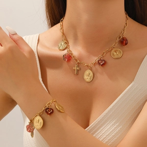 Luxury vintage gold-plated coin and cross pendant necklace jewelry set for women