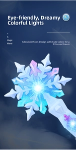 Macro detail of snowflake magic wand toy with glowing blue and purple LED light core