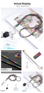 Viste dettagliate del cordino con strass iridescenti con dimensioni e chiusura a moschettone