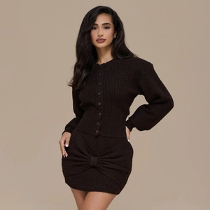 Women's dark brown knit two-piece set featuring long sleeve cardigan and bow accent skirt