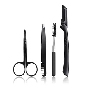 Professional 4-piece matte black stainless steel eyebrow grooming set on white background