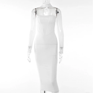 Elegant white bodycon midi dress with sheer long sleeves and low cut neckline for summer